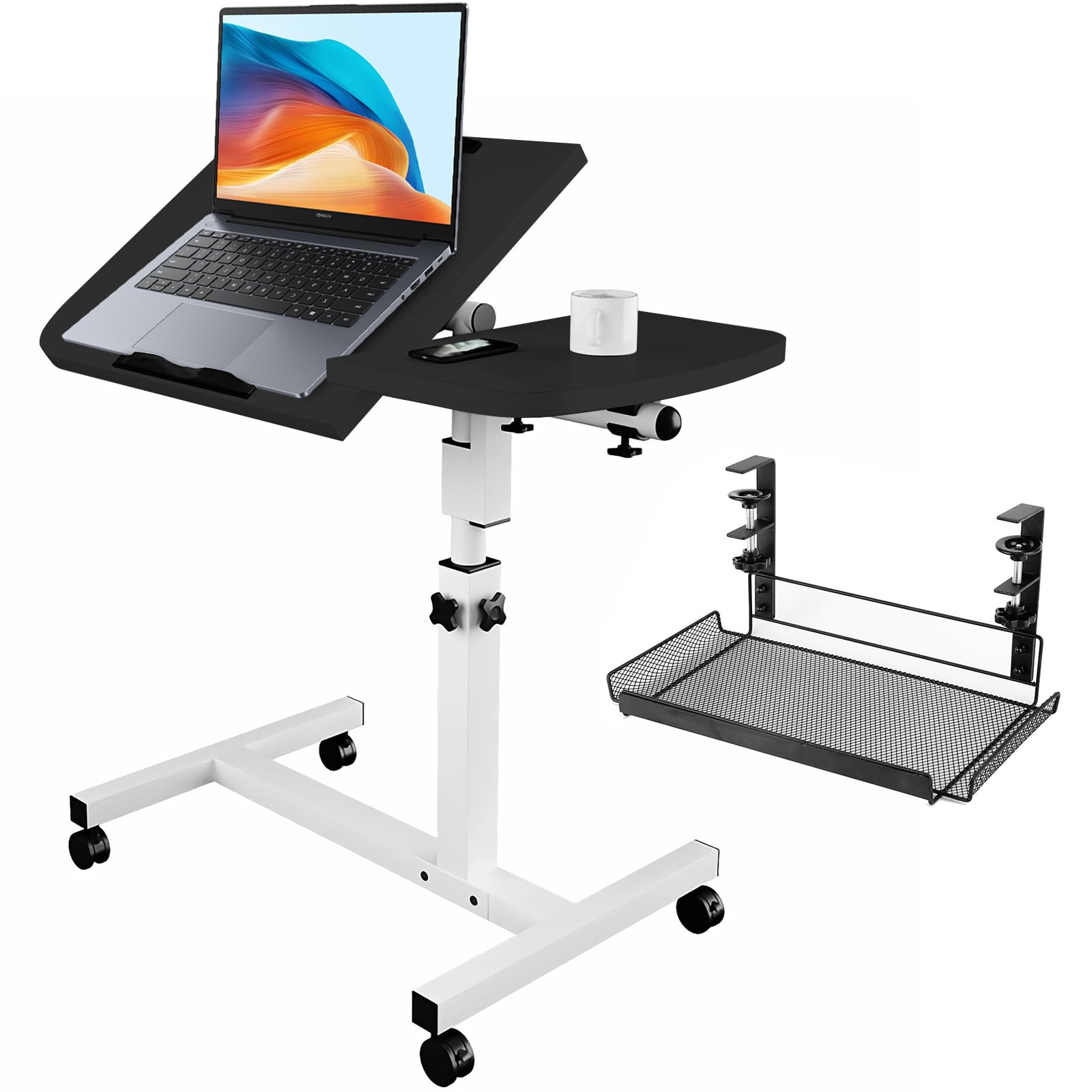 Tavolino regolabile per laptop con scrivania inclinabile, ruote e cestino portaoggetti rimovibile, per casa, ufficio, studio, lettura e recupero, 65-95 cm, nero