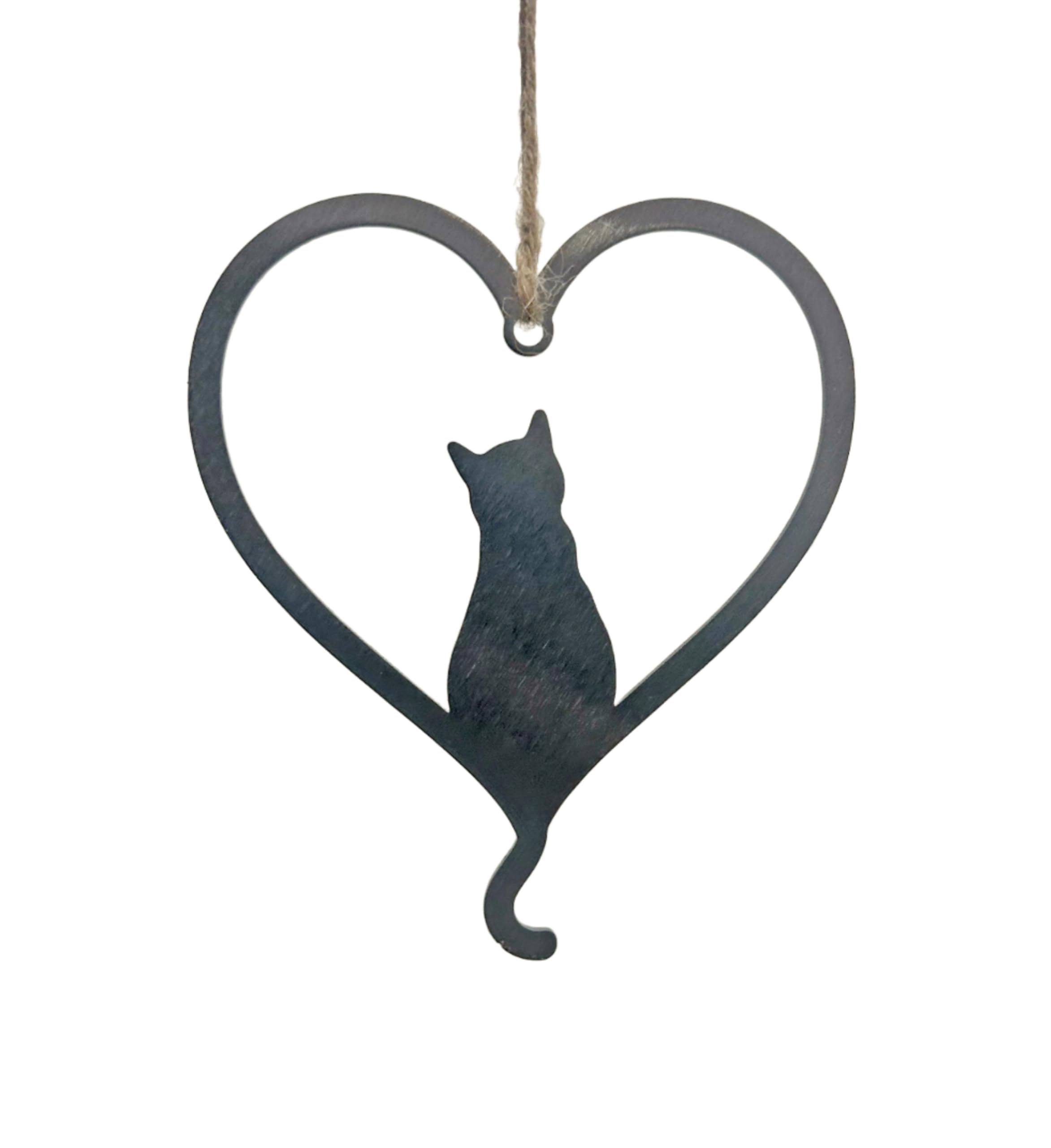 Cat Silhouette Steel Heart - Steel Sculpture - Hanging Ornament - Pet Memorial - Cat Memorial