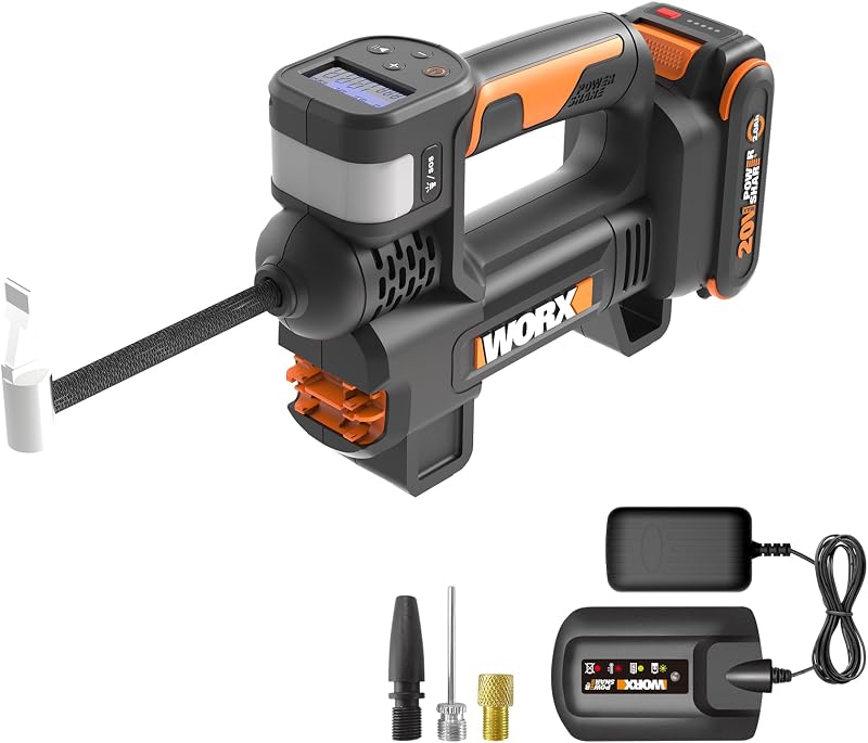 WORX Cordless Tire Inflator 20V Air Compressor, WX092L | Digital Pressure Gauge, Auto Shut-Off, Battery & Charger Included, For Car Tires, Motorcycle & Balls, Bike Pump