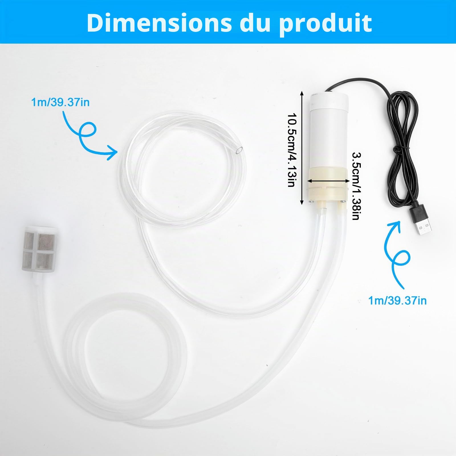 HENGBIRD Pompe à eau USB Mini DC Auto-amorçante – 5 V Petite Pompe Silencieuse avec Tuyau PVC 1 m & filtre en Pierre, Pompe de Circulation Portable pour Aquarium, Jardin, Camping