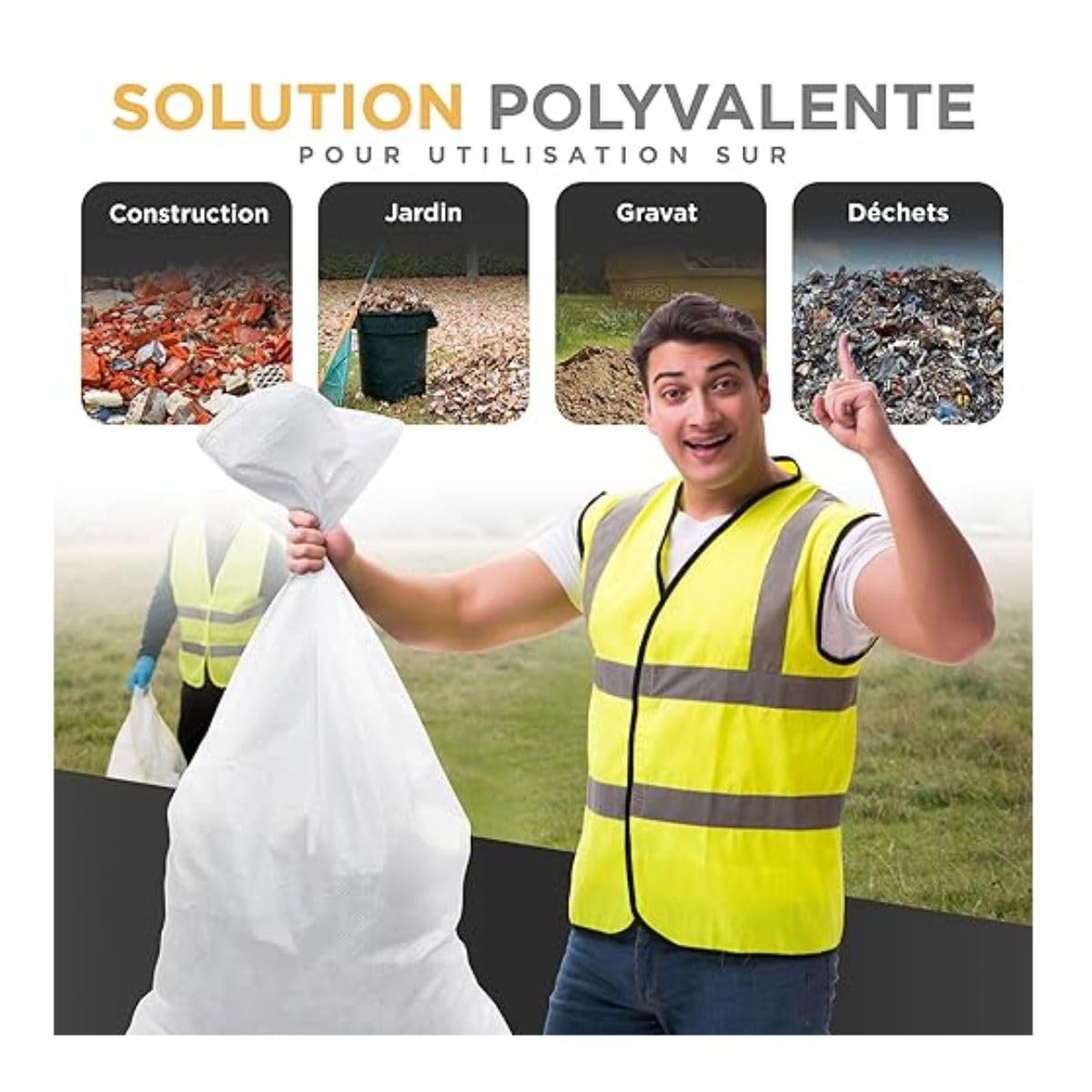 Sac Gravat Blanc Tissé par Lot | Capacité de 80 Litres = 55X95 cm | Tissé - Indéchirable - Réutilisable | Pierre - Gravier - Sable | Gant Manutention Compris (50)
