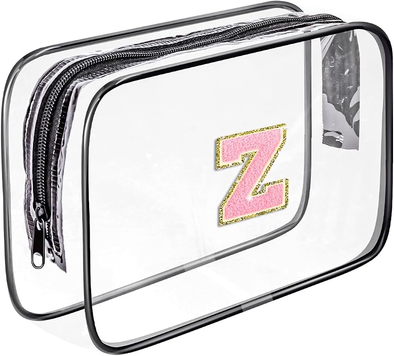 Necessaire transparente Fodofodo com zíper, PVC, estampa de chenille, Black Bag+Pink Letter