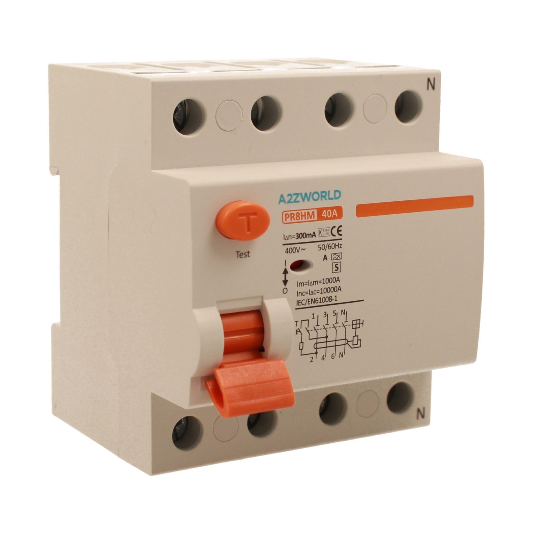 Interruttore Differenziale Selettivo Trifase 40A, RCCB Tipo S Classe A, 3P+N 10kA 300mA, Ritardo 500ms, 4 Moduli DIN 380V AC, Certificato IEC61008-1, Serie PR8HM Elettromagnetico