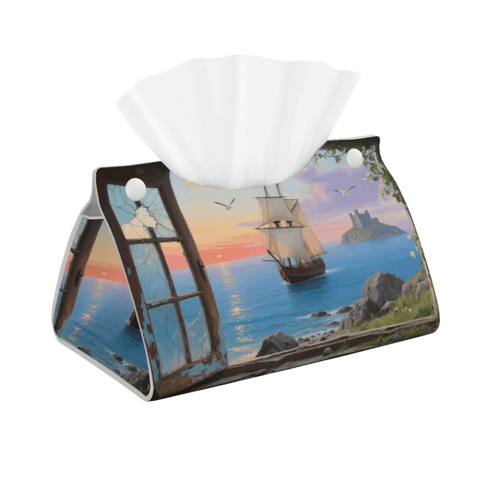 Pu Leather Tissue Box Cover, Window View of Sailing Sailboat Rectangle Tissue Case Covers Decorative Tissue Box Holder Waterproof Tissue Holder Organizer for Bathroom Home Office