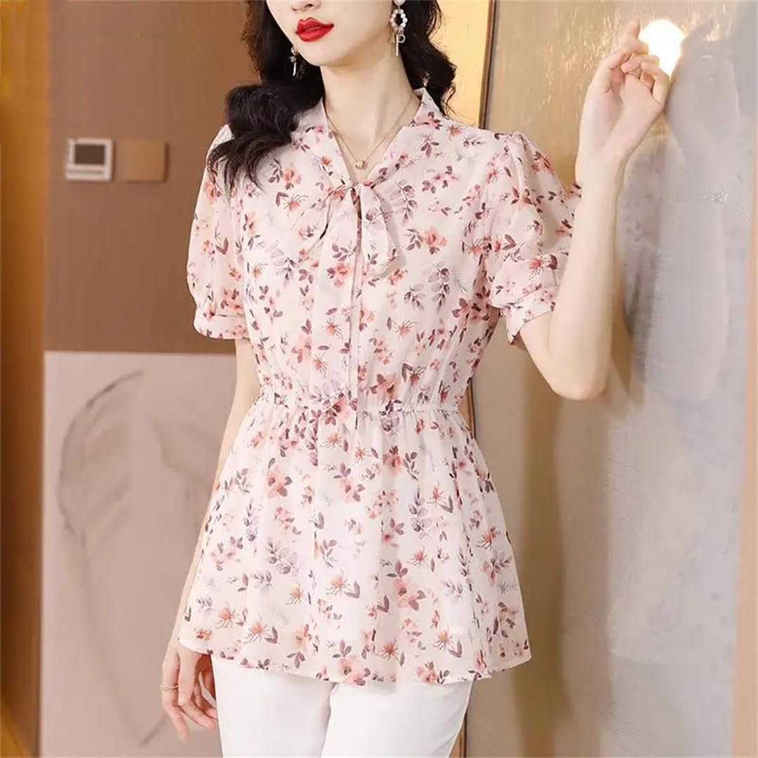 Camicette estive da donna con coulisse in vita e fiocco con stampa floreale