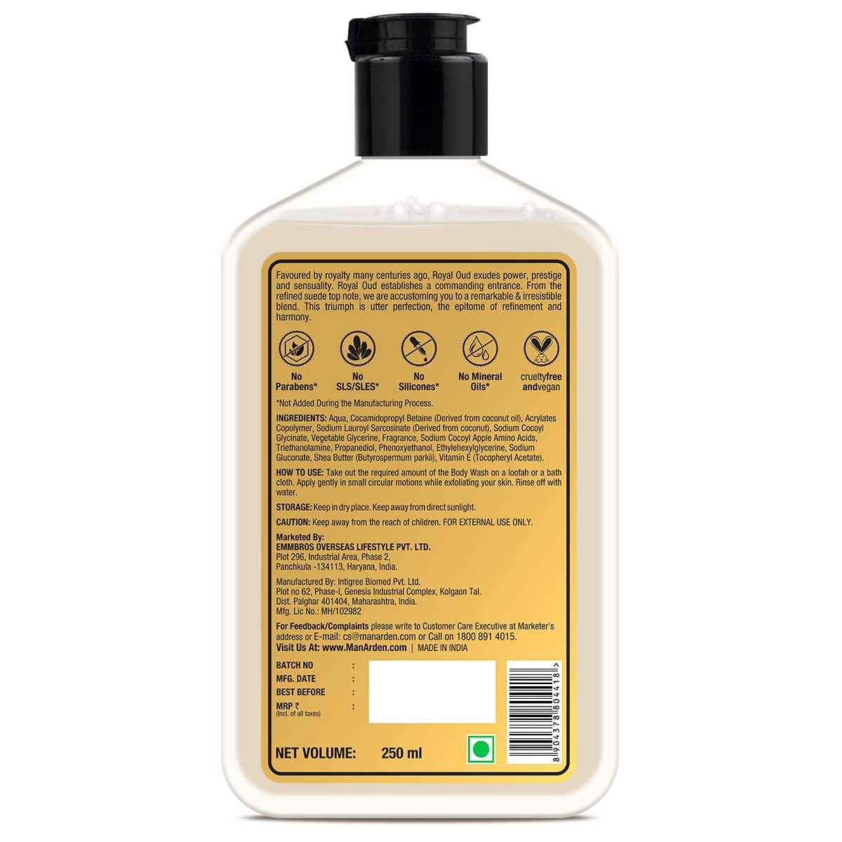 Man Arden Oud Royal Luxury Body Wash Infused With Shea Butter & Vitamin E, 250ml