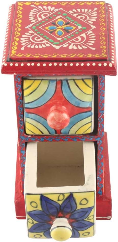 Indian Shelf 1 Piece Vocalforlocal Handmade Multicolor Wooden 2 Vertical Drawers Floral Pattern Spice Box Seasoning Masala Organizer Rack Jewellery Container