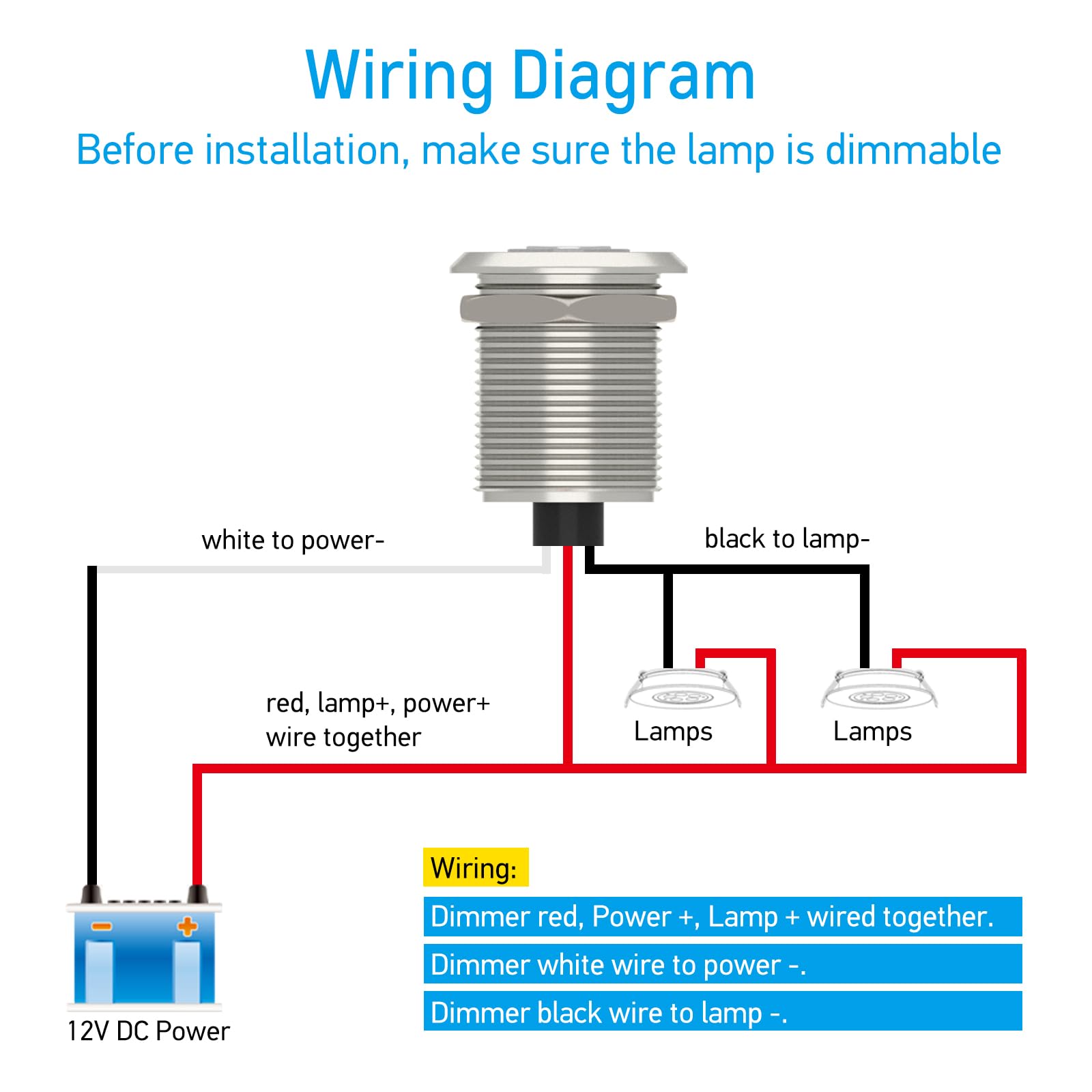 Obeaming DC 12V LED Dimmer Schakelaar PWM Rotary voor Campervan Boot Van Caravan Truck, Dimbare LED Lichten/Gloeilamp/Halogeen/Enkele kleur Strip Light