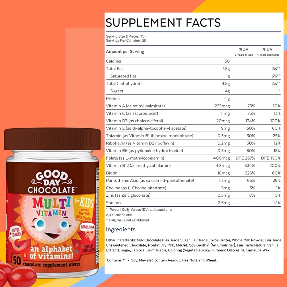 Good Day Chocolate Complete Multivitamin for Kids, Daily Supplement of Vitamins A, B6, B12, C, D, E, Folate and Biotin, Fair Trade and Non-GMO Milk Chocolate, 50 Pieces