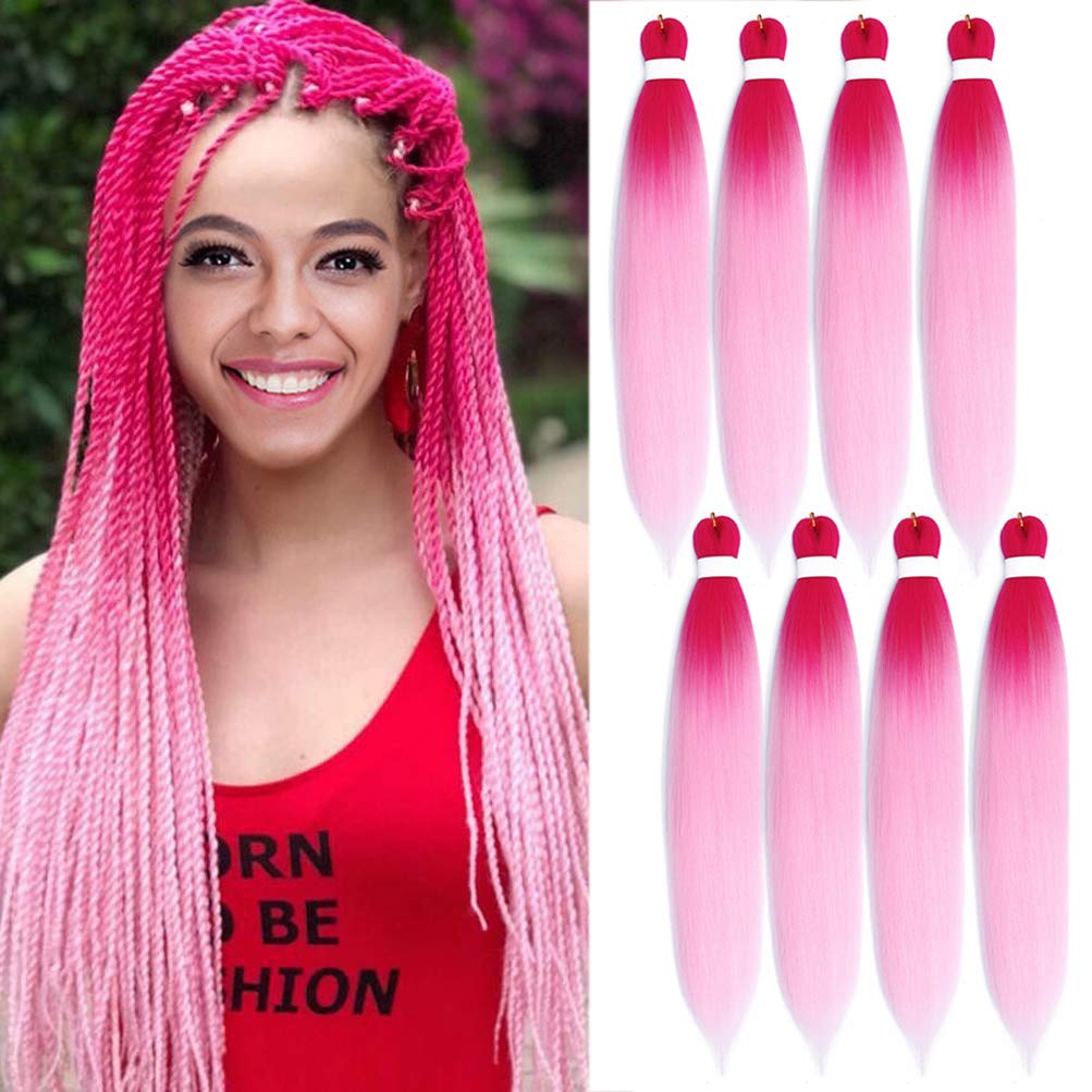Ombre Pink Braiding Hair Pre Stretched Synthetic Crochet Braiding Hair 8 Packs