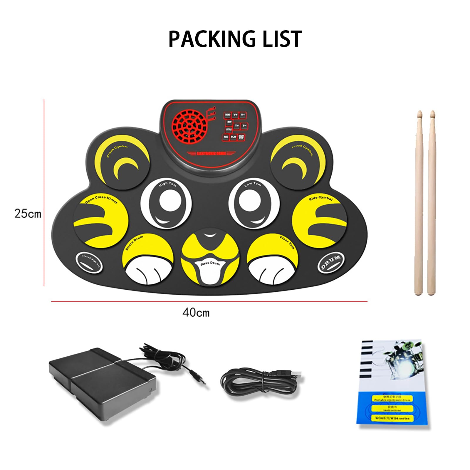 Batería Electrónica Enrollada A Mano Con 10 Pads De Batería, Pad Recargable Con Modo De Reverberación, Juegos DTX + Pedales Duales + Dispositivo De Conexión Por Cable + Auriculares/Woofer ,Tiger