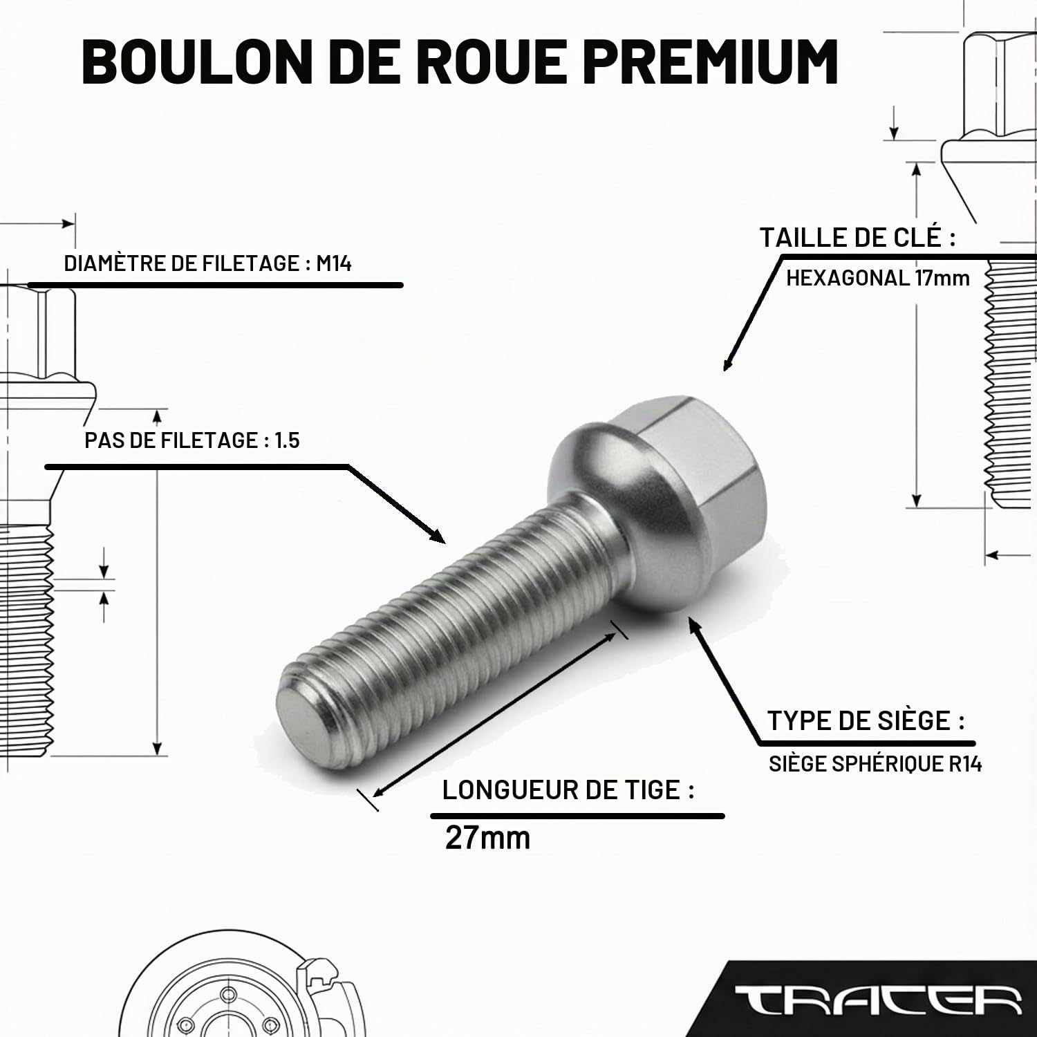 TRACER 20x Boulon de Roue M14x1,5 spherique R14 27mm | Hex 17mm Compatible avec Mercedes-Benz A 176 A 177 B 242 B 246 B 247 C 204