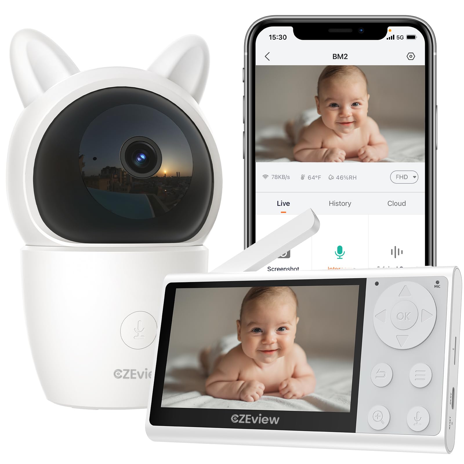 Video Baby Monitor with Camera and Audio, 2K Baby Monitor WiFi Smartphone with Night Vision, Pan-Tilt-Zoom via 4.3" Screen and APP, Cry/Motion Detection, 2-Way Audio (Lvory White)
