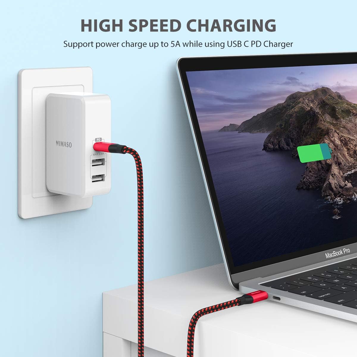 NIMASO USB C to C Cable 5A Fast Charging, 6.6ft 100W PD USB C to USB C Cable Nylon Braided Cord Compatible with Google Pixel 3a/3/2 XL, MacBook, iPad Pro 2020, Galaxy S10/S9/S8, Nexus 6P and More-Red