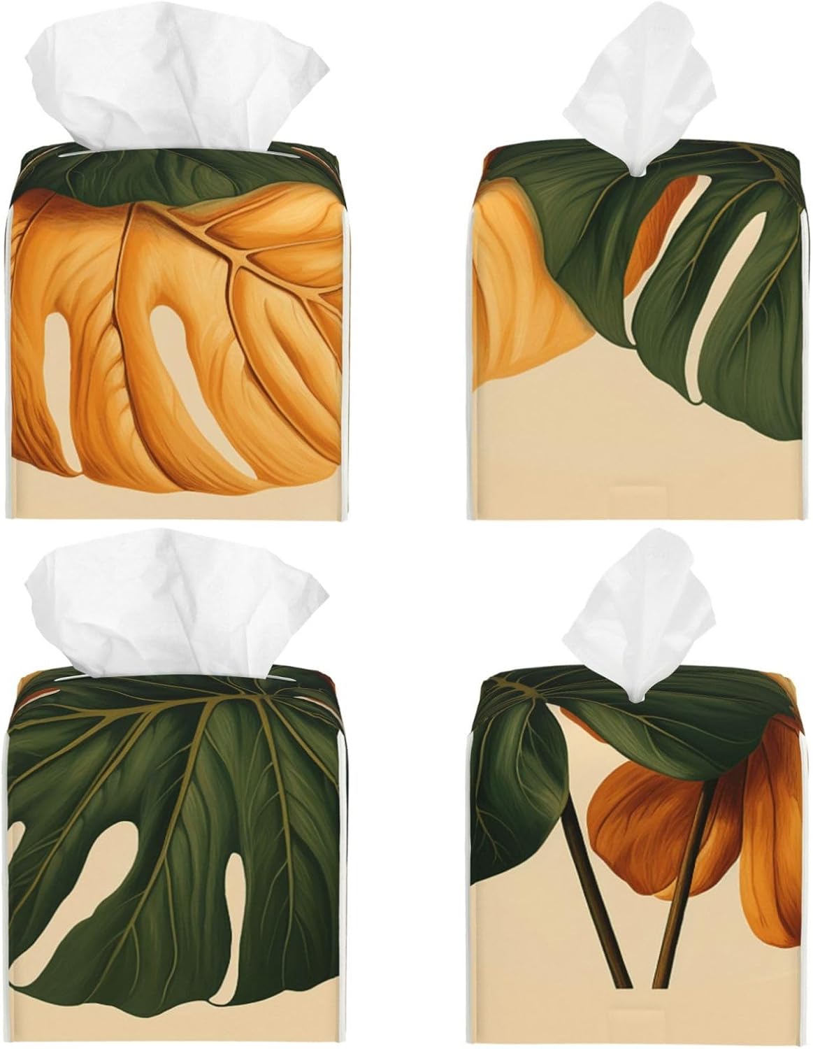 Pu Leather Cube Tissue Box Holders Modern Waterproof Square Tissue Box Cover Draw Two Large Leaves Facial Paper Holder for Bathroom Kitchen Nightstand Office Home Decor image 2