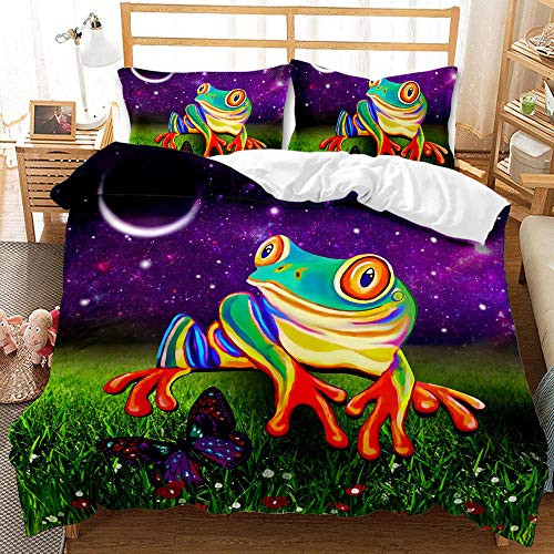 Housse de Couette 2 personnes 140x200cm 3D Grenouille animale de couleur Ensemble de literie,Parure de Lit 3 Pièces avec Fermeture à Glissière,avec 1 Housses de Couettes Ado 2 Taies d'oreillers Cover