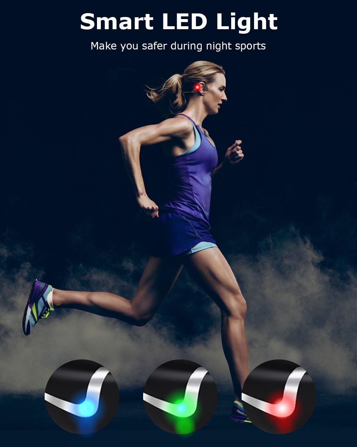 A woman running at night wearing bone conduction headphones with a visible red LED light on the side. Below are close-ups of the headphone with blue, green, and red LED lights illuminated.