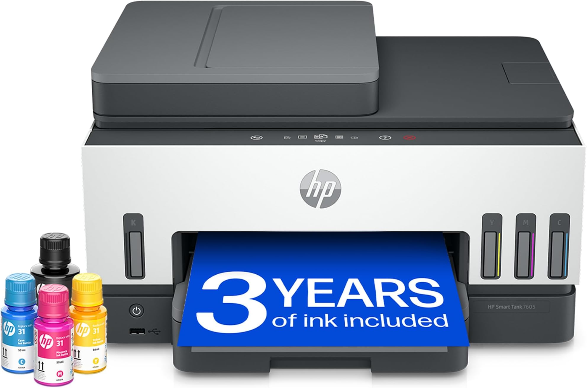 HP Smart Tank 7605 All in One Printer | Perfect for Home | Colour | Wireless, Ethernet | Print, Scan, Copy, Fax | Refillable, Includes up to 3 Years of Ink | 2-Sided Printing | Document Feeder