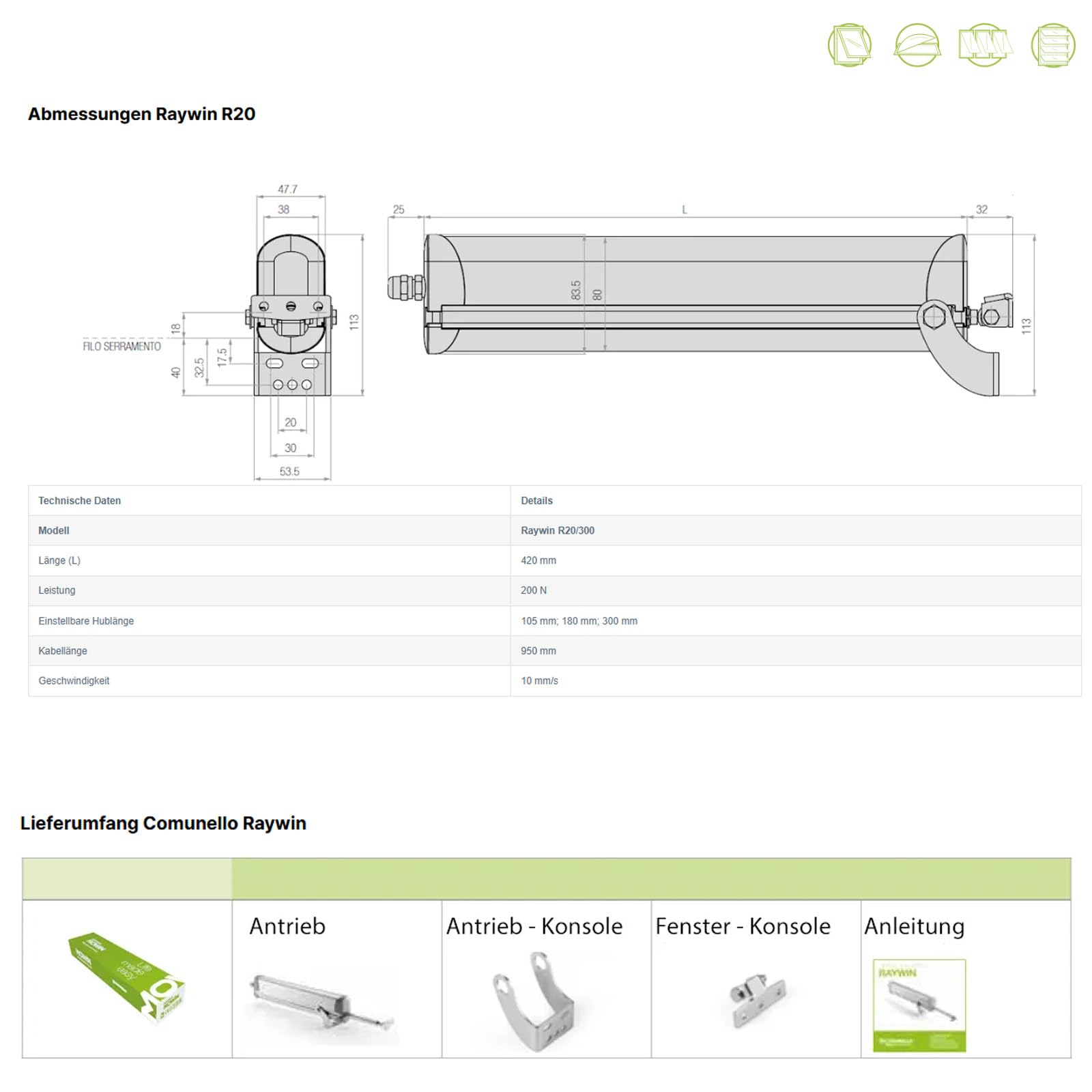 RAYWIN Fensteröffner elektrisch 230V grau R20/300 Fensterantrieb mit Stange