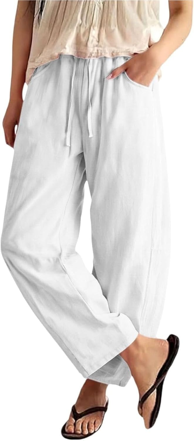 Women Drawstring Waist Linen Barrel Cropped Pants Lightweight Baggy Wide Leg Tapered Trousers with Pockets
