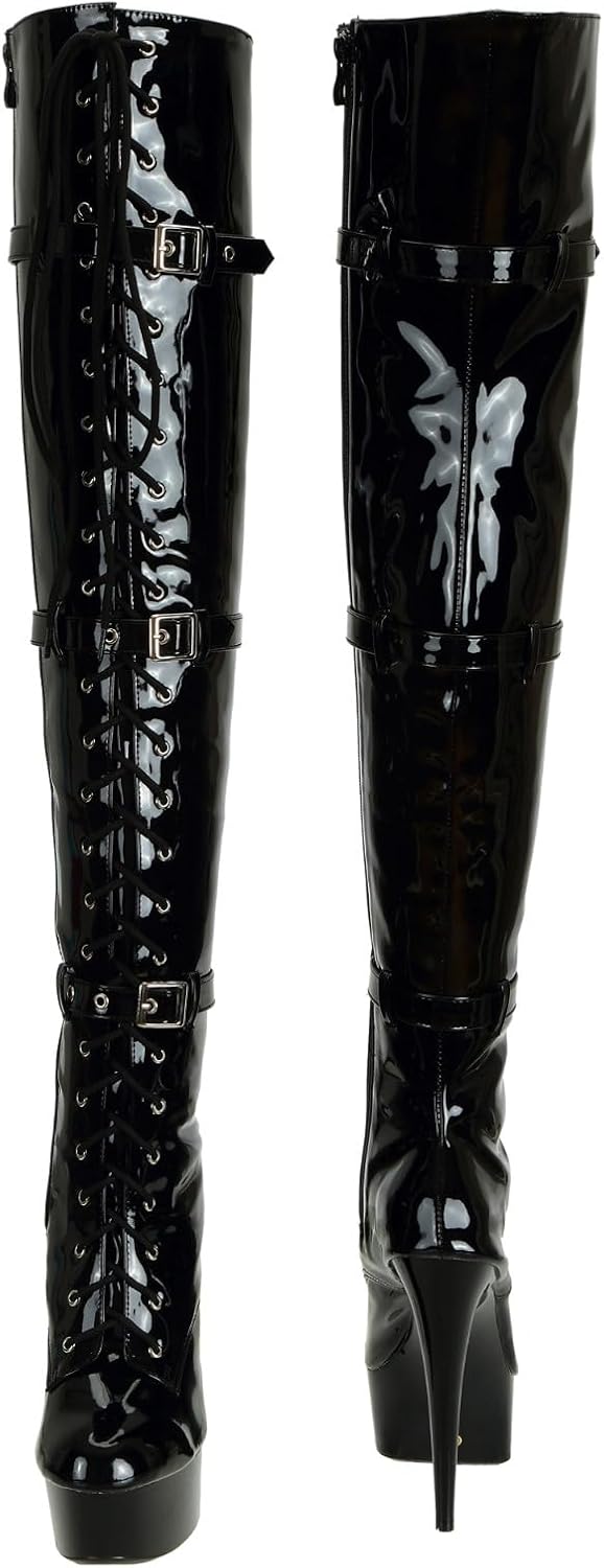 SheSole Ladies Patent Leather Thigh High 15CM Stiletto Heel Dancer Boots with Zipper Lace Up Club Party Cosplay Shoes