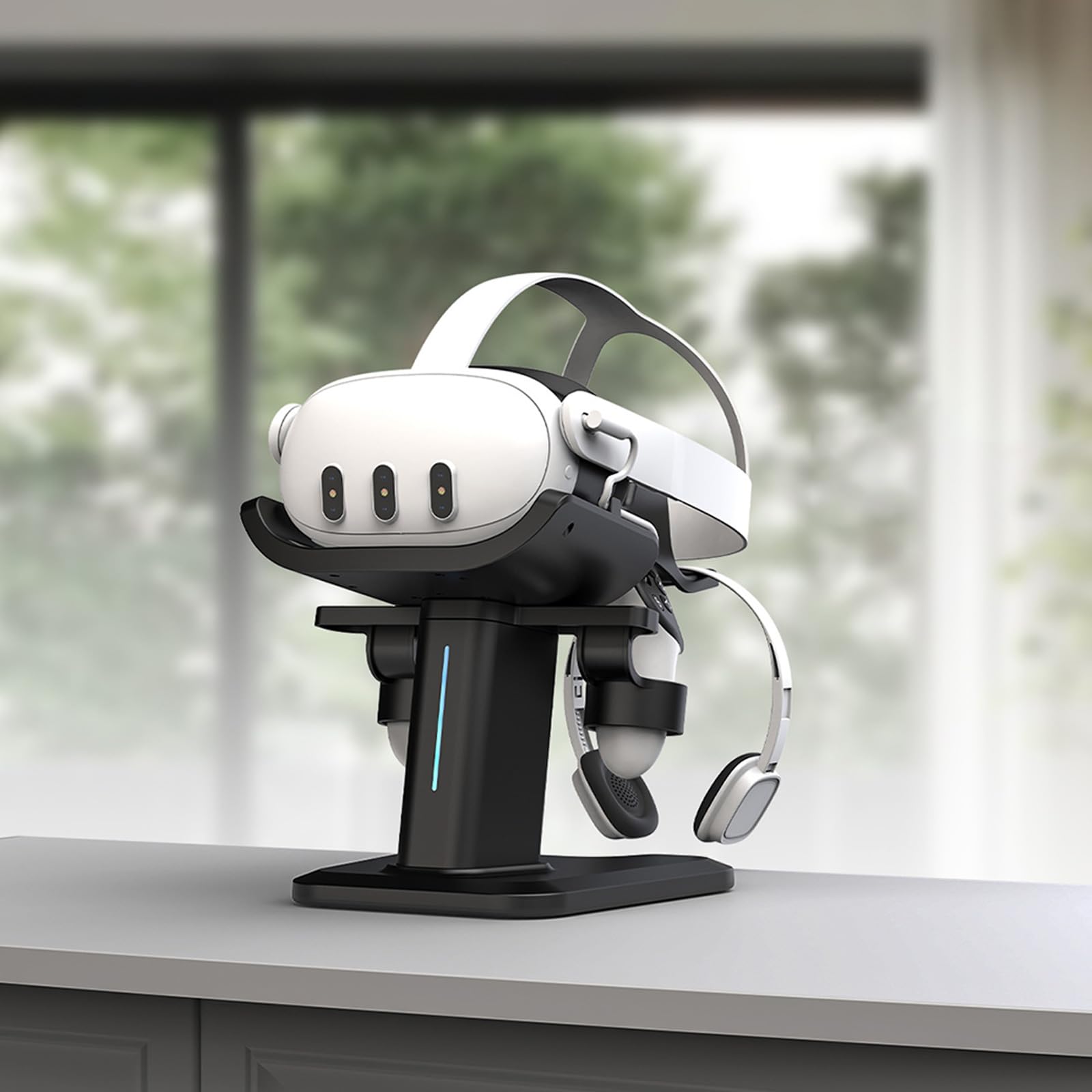 Práctico soporte de carga para auriculares para un fácil acceso a dispositivos y gafas
