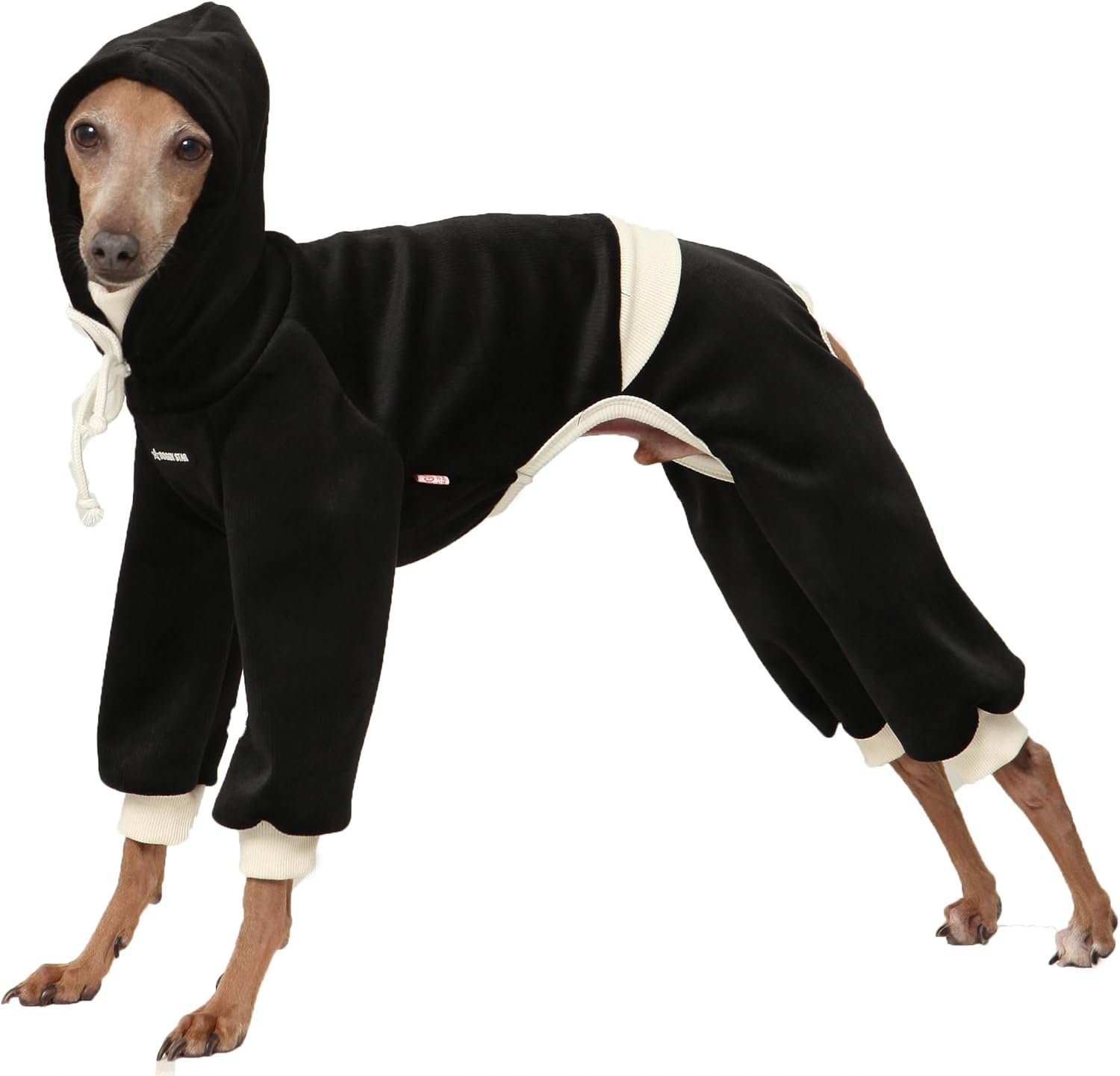 D Doggy Star Italian Greyhound Clothes, Corduroy Velvet Hooded Jumpsuit, Stretchy and Cozy (M,Hoodie Black)