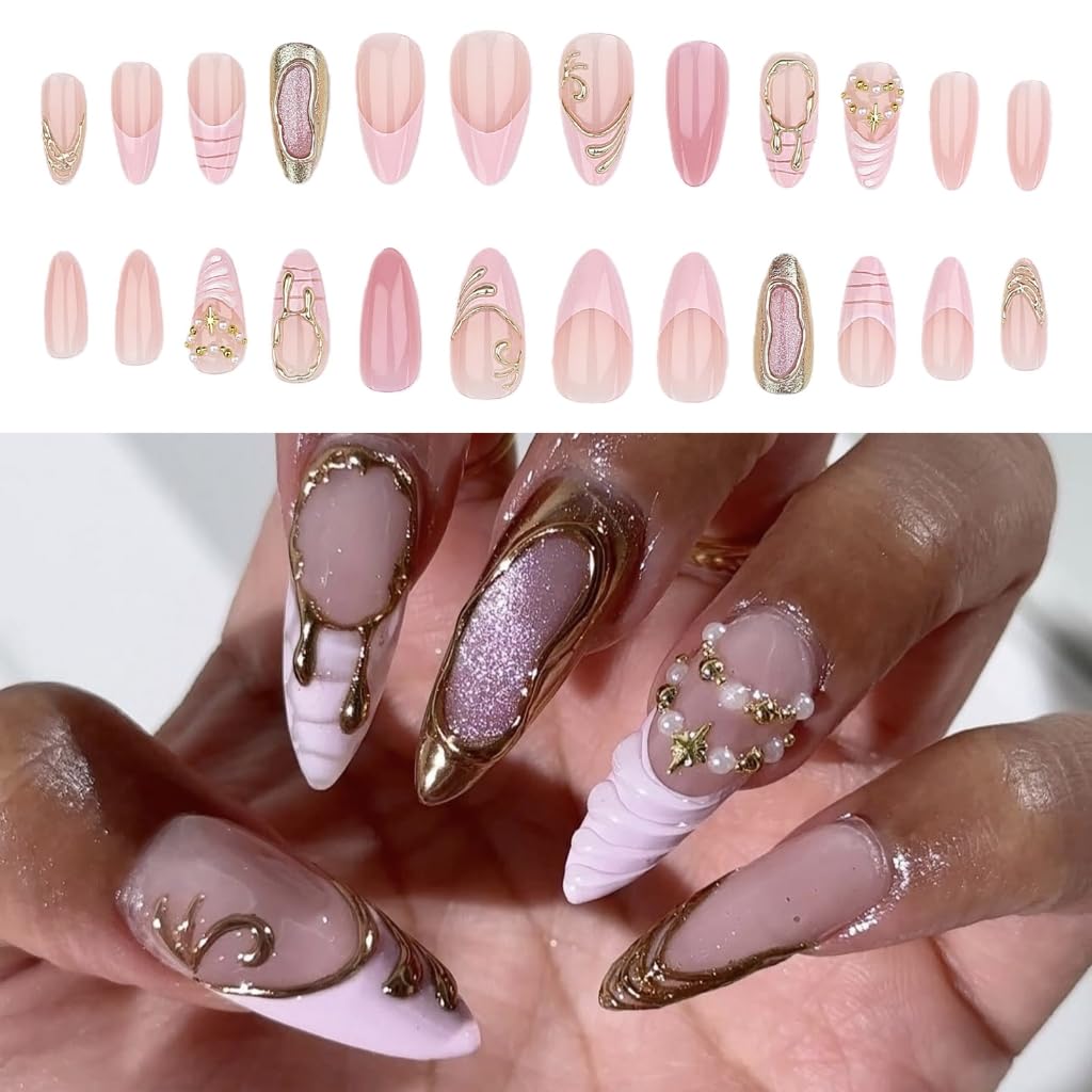 Delicate Pearls Embellished Press type Nails With Gold Metal Edges Lightweighted False Nails For Weddings Event