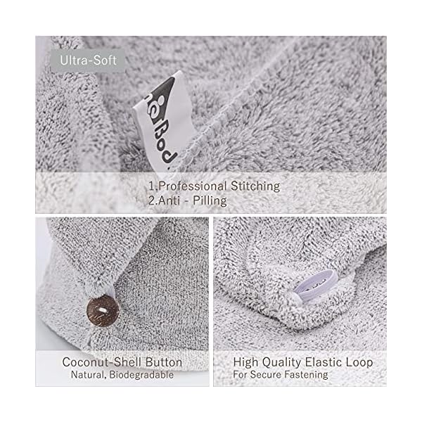 myHomeBody Hair Towel Wrap | Luxury Rapid-Dry Hair-Drying Turban | Ultra Soft and Quick Drying Absorbent Charcoal Fiber, with Coconut Shell Button â 2 Pack