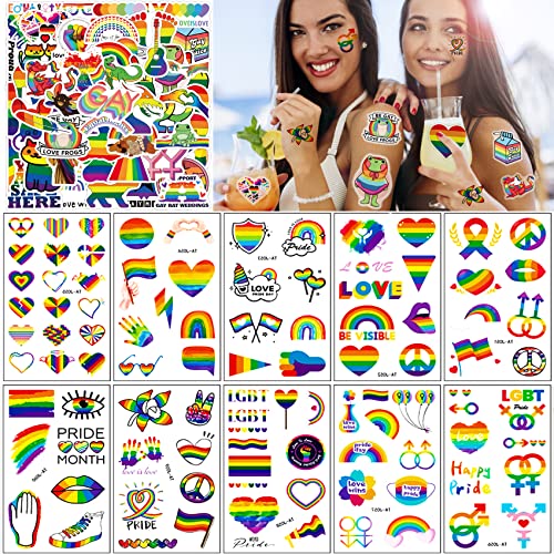 20 Feuilles Gay Pride Tatouages Temporaires + 50 PCS Arc-en-ciel Autocollants,Autocollants à Rayures Imperméables pour Femmes Fierté Défilés Célébrations Accessoires Cover