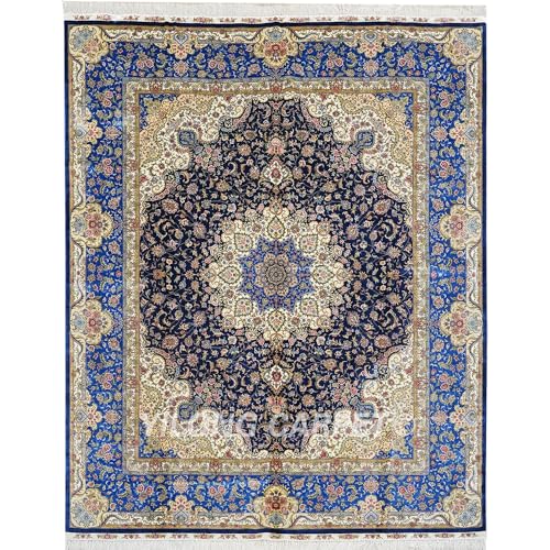 Yilong Carpet 8x10ft Blue Hand-Knotted Silk Area Rug Handmade Oriental Carpet TJ977A
