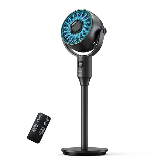 JYMIPA Oscillation Standing Fan for Bedroom, 79ft Airflow Whisper Quiet Pedestal Fan with 3 Modes, 8 Speeds, 90° Air Circulator with Remote, Timer, 24-42" Adjustable Height Desk Fan for Home Office