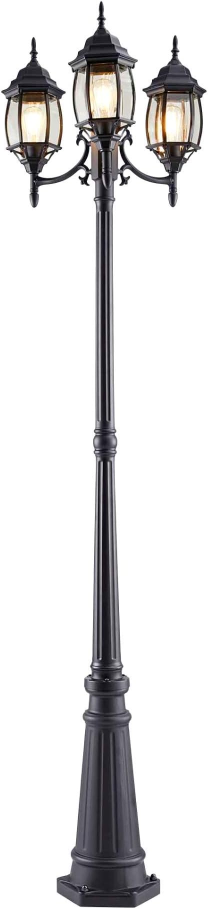 NomaOutdoor Street Light | Waterproof Outdoor Lamp Post Light with Triple-Head Design for Backyard, Patio, Garden, Walkway or Décor | Black Light Pole with Clear Glass Panels, 3-Headed