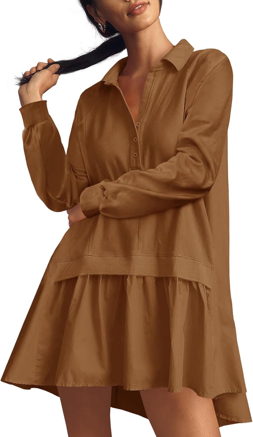 Womens Oversized Sweatshirt Dress Long Sleeve V Neck Patchwork Casual Pullover Tops Loose Fit Mini Dresses