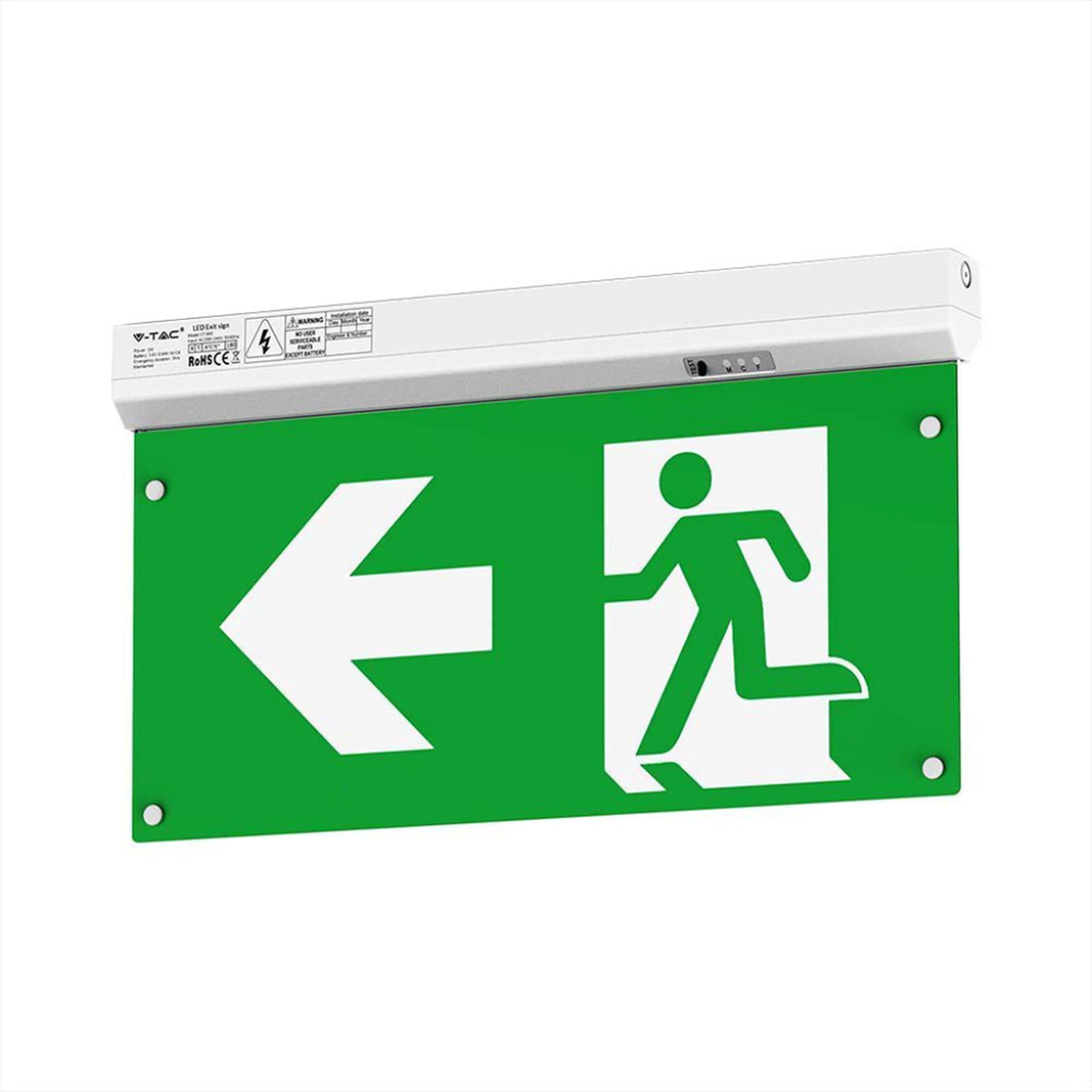 V-TAC Lampada LED Uscita di Emergenza 4 in 1 per Soffitto e Parete - Visibile da 30 Metri - Pulsante di Autotest - Luce LED Uscita di Emergenza e Via di Fuga - Exit - 4 Segnalazioni Incluse - 6000K