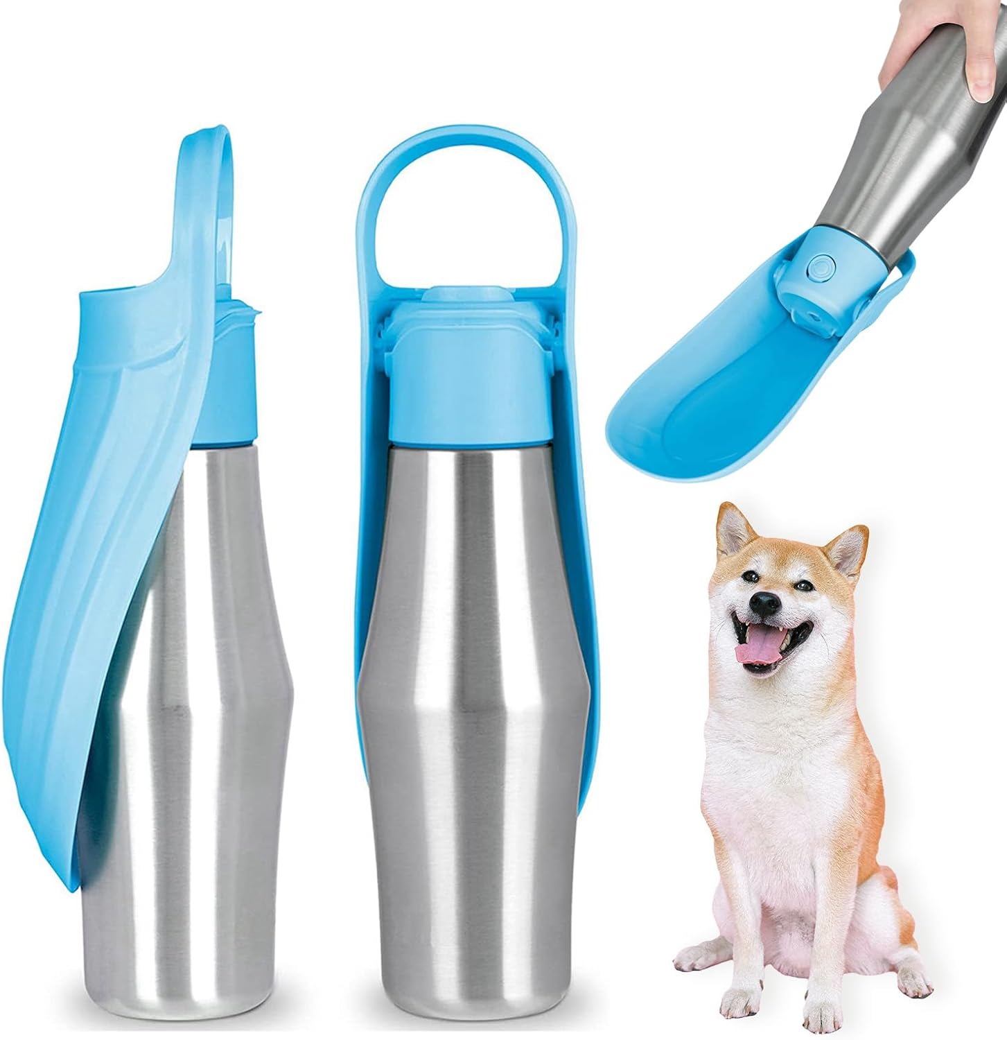 Portable Dog Water Bottle with Dispenser, 750ml Stainless Steel Travel Cup and Collapsible Water Bowl for Outdoor Activities, Walking,Hiking, Road Trips (Light Blue)