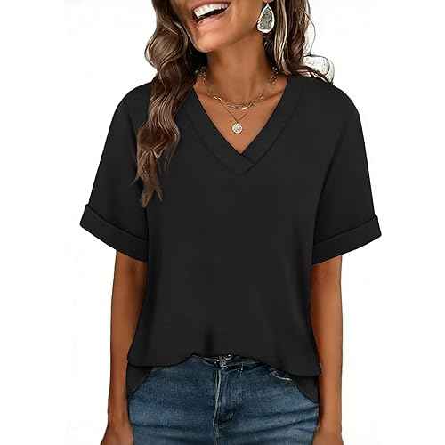 WIHOLL Womens Oversized V Neck Tshirts Plus Size Summer Tops 2026 Short Rolled Sleeve Shirts Dressy Casual Blouses S-4XL