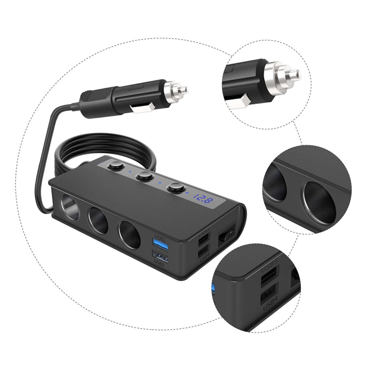 Angoily Caricabatterie Auto e Adattatore Accendisigari 180w Max, 4 Porte Usb, Monitoraggio Tensione Batteria, Nero, per Auto e Telefoni