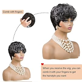 MOONSHOW Grey Wigs for Black Women Black Mixed Grey Pixie Cut Wig Short Gray Hair Wigs for Black Women Synthetic Ombre Grey Short Curly Pixie Wig (Ombre Grey)