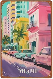 Miami Travel Print, Pink Blue Metal Tin Sign Wall Decor Funny Vintage Tin Sign Poster For Cafe Bar Restaurant Supermarket Shop 8 x 12 Inches