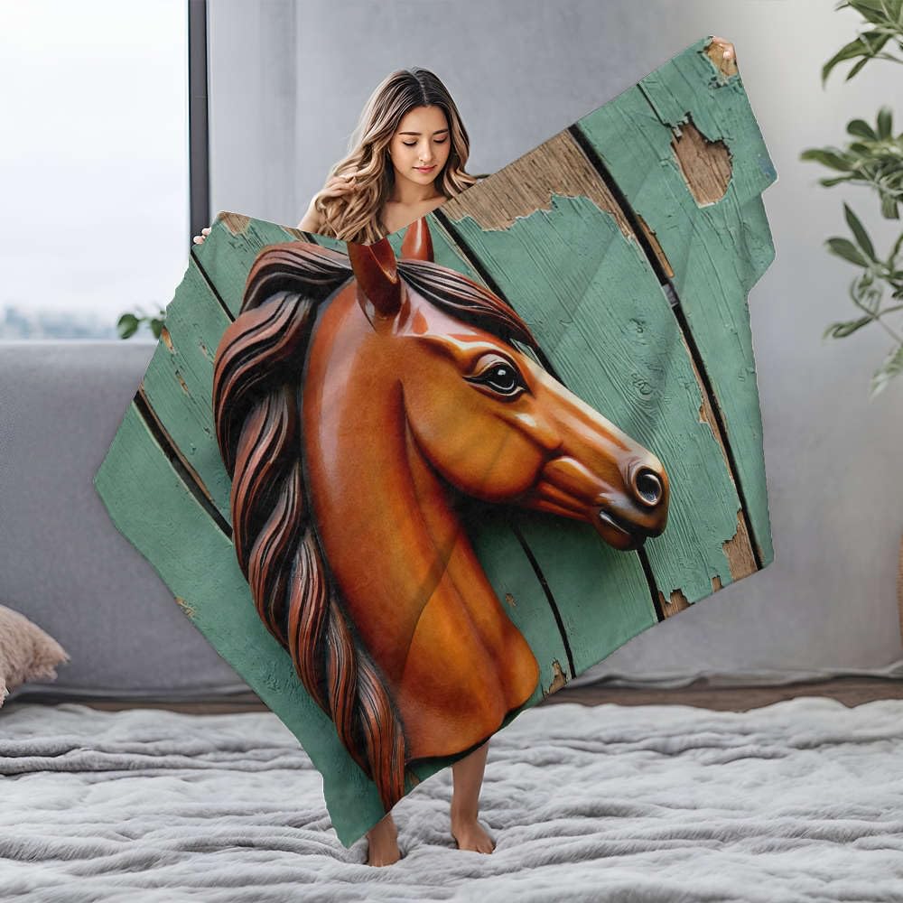 Couverture en flanelle tête de cheval sur bois 125x150 cm