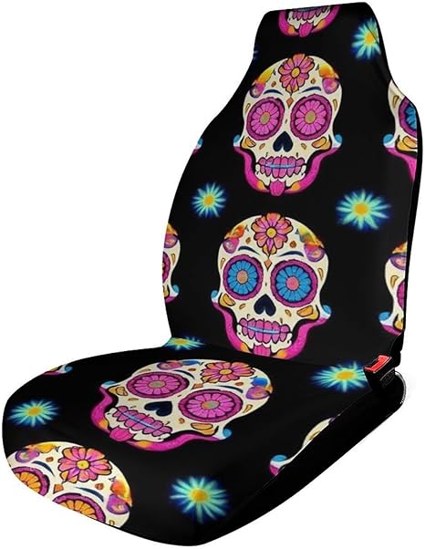Comfortable Day Dead Colorful Sugar Skull Car Seat Covers Universal Fit Cars Trucks SUVs, Scratch Proof Vehicle Seat Protectors Quick Install