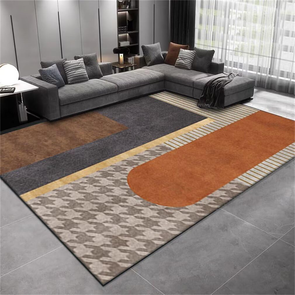 Tapis salon 300x400cm gris et orange à motif géométrique moderne