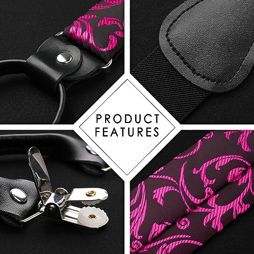 Image of HISDERN Suspenders for Men Paisley Floral Bow tie Suspender Pocket Square Sets Adjustable Y Shape 6 Clips Wedding Braces