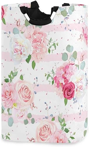 Cesta de lavandería con diseño de rosas rosas, portátil, plegable, organizador de ropa con asas, bolsa de almacenamiento para habitación de niños y