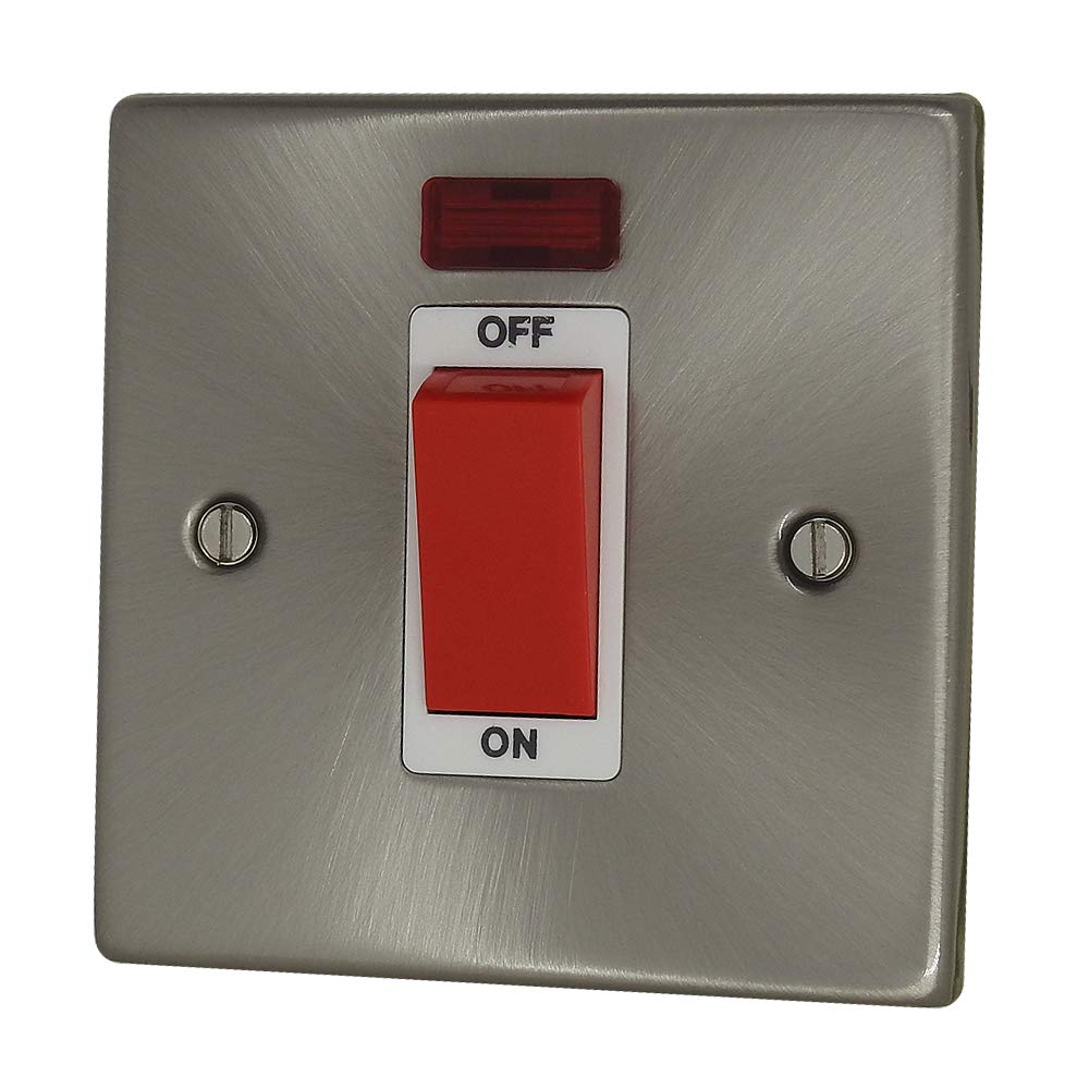 Discount Electrix 45A Cooker Switch with LED Indicator Brushed Chrome Finish with White Insert and Red Plastic Rockers Switch
