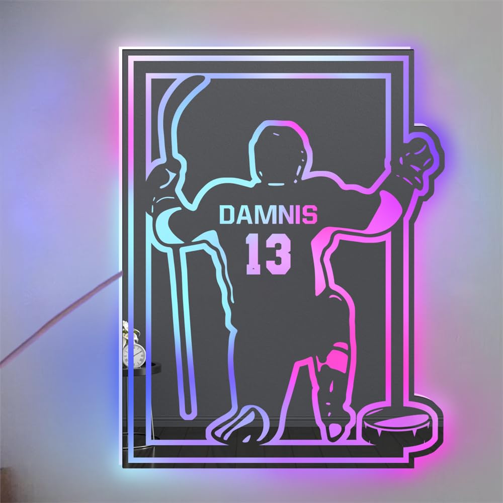 Personalized LED Mirror Light Up Sign - Custom Name & Number Hockey Neon Sign, Customized Light, Sports Decor, Christmas Birthday Gift for Men