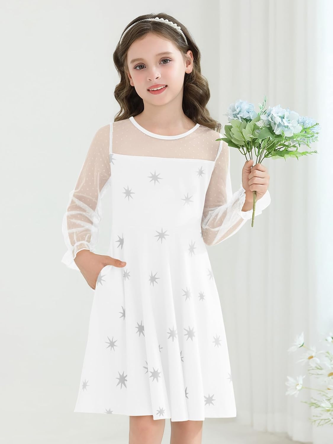 Haloumoning Girls Contrast Mesh Long Sleeve High Waist A Line Short Dress with Pockets 4-14 Years - Image 4