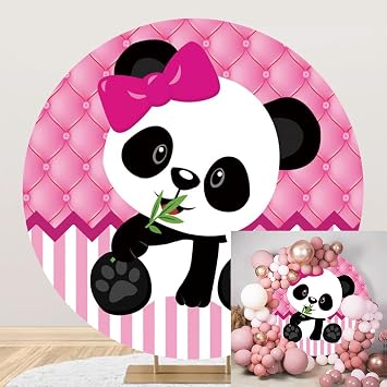 6.5x6.5ft Panda Round Backdrop Pink and White Stripe Bamboo Leaves Photography Background Circle Backdrop Cover Girls Kids Baby Shower Newborn Birthday Party Decoration Banner Photo Booth Prop