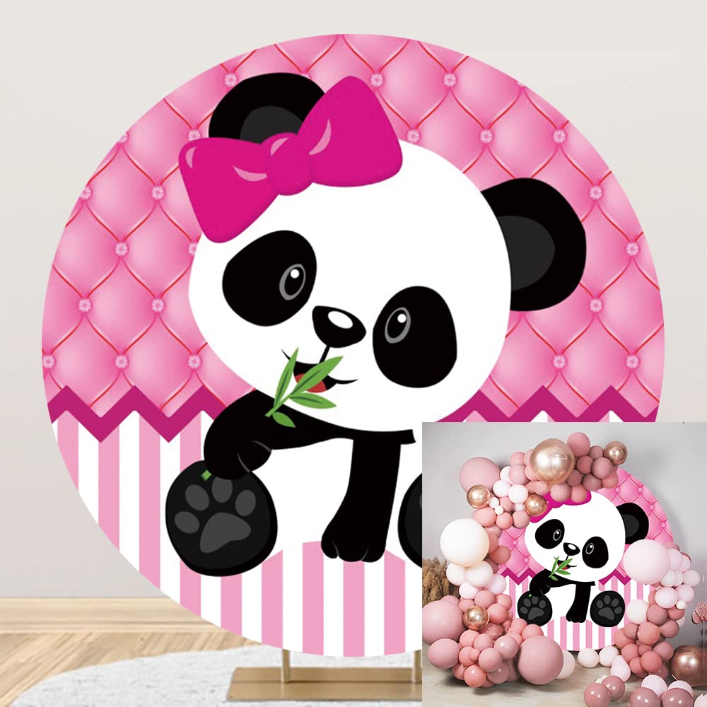 OERJU 7.5x7.5ft Panda Round Backdrop Pink and White Stripe Bamboo Leaves Photography Background Circle Backdrop Cover Girls Kids Baby Shower Newborn